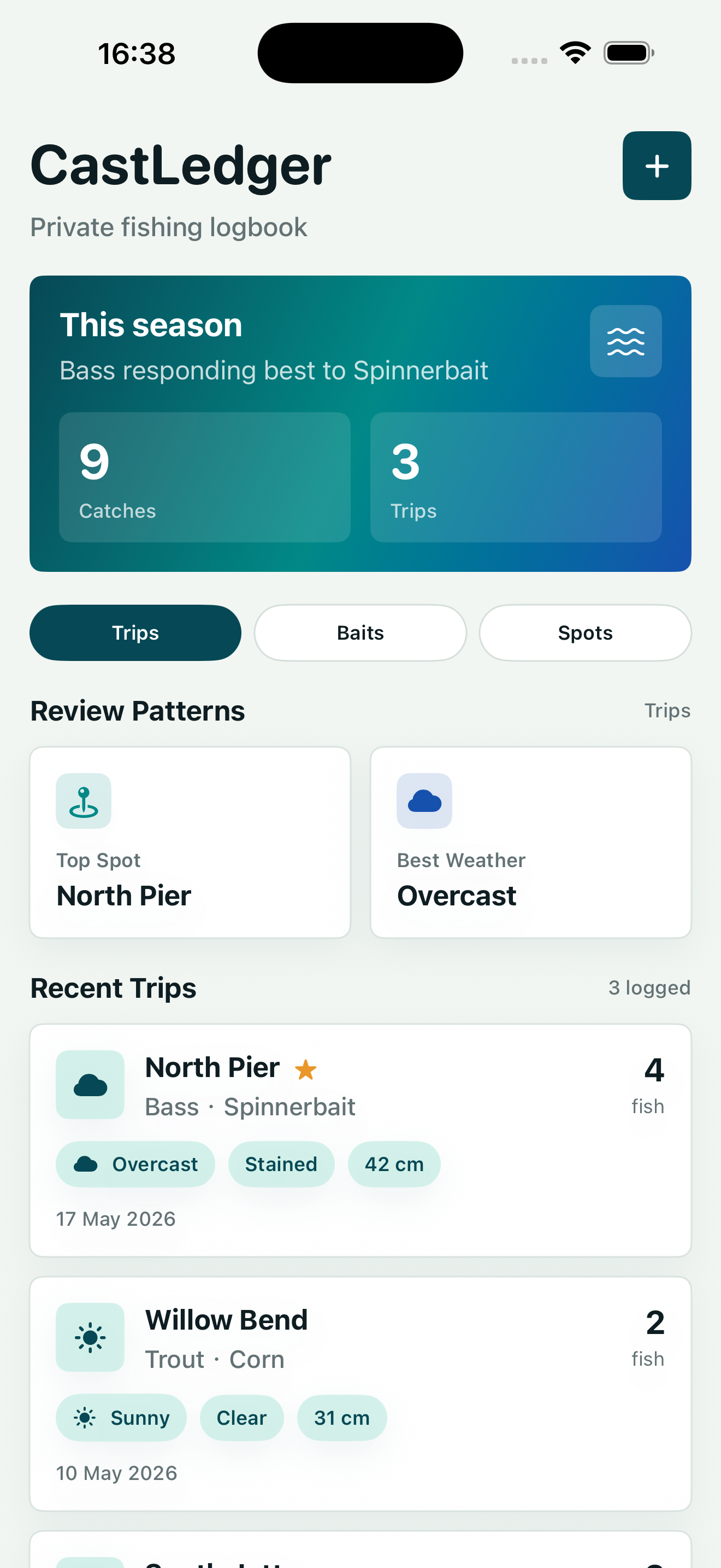 CastLedger dashboard with catch totals and trip cards