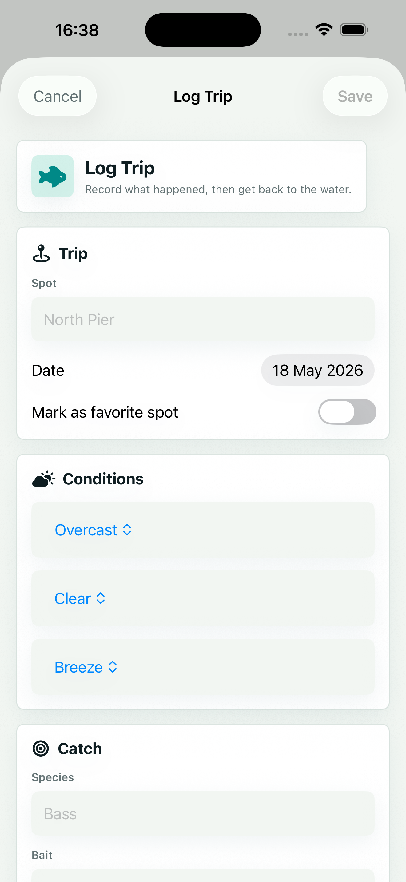 CastLedger trip form with weather, bait, and catch fields